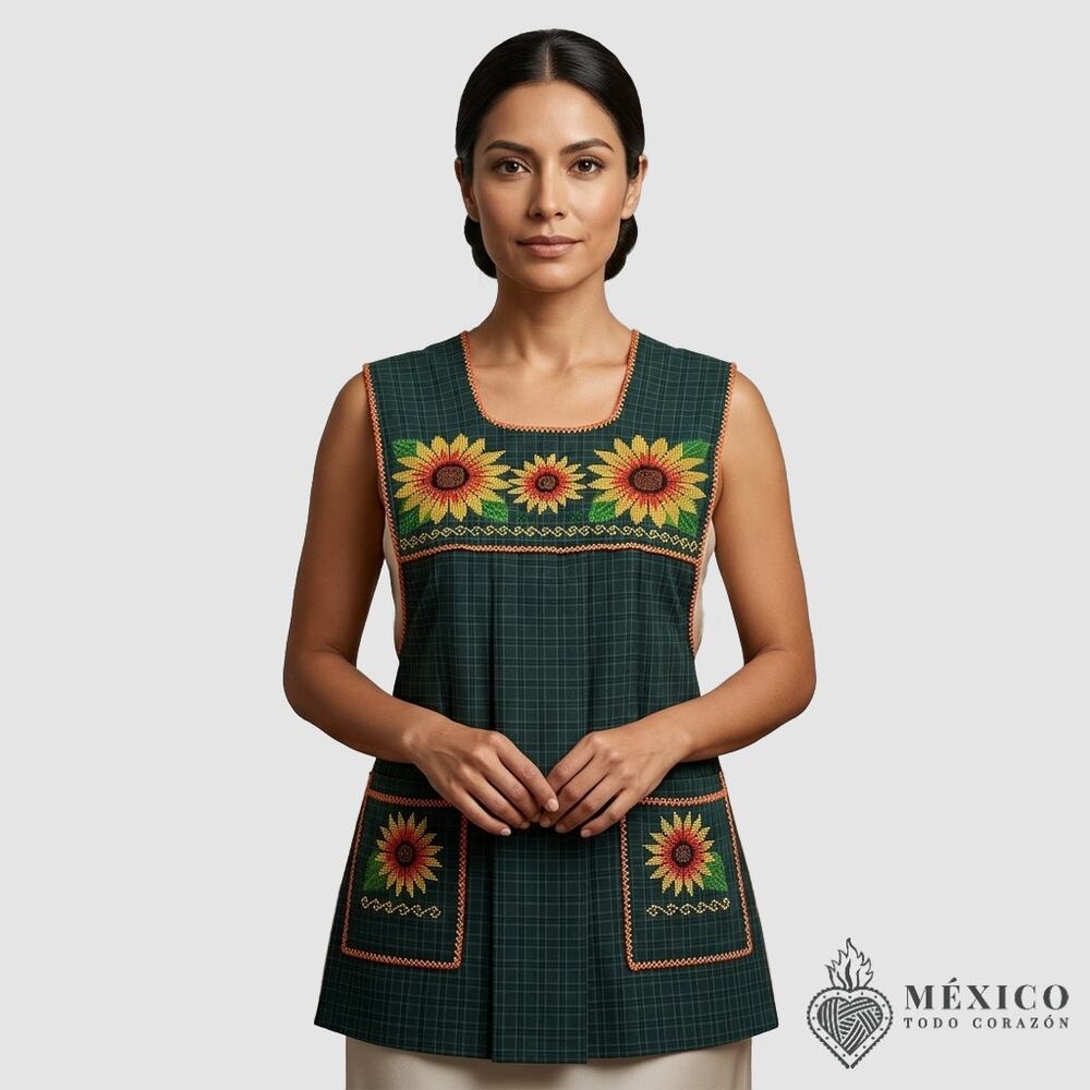 Traditional Mexican Cross-Stitch Embroidered Apron – Deluxe Artisan Smock Style